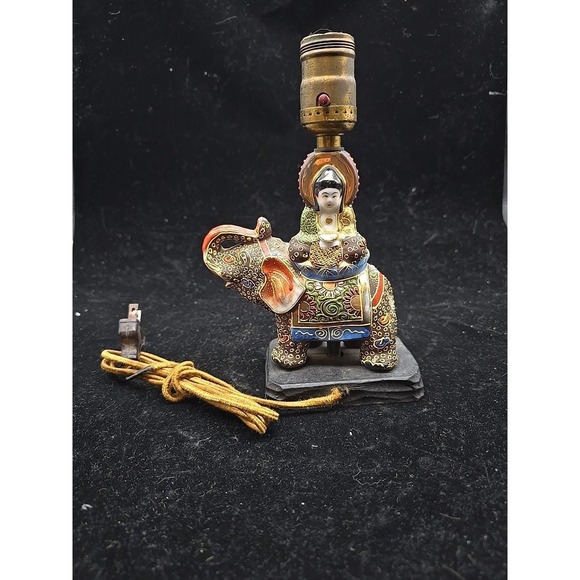 30's Japanese Moriage Buddha on Elephant Small Hand Painted Ceramic Lamp WORKS